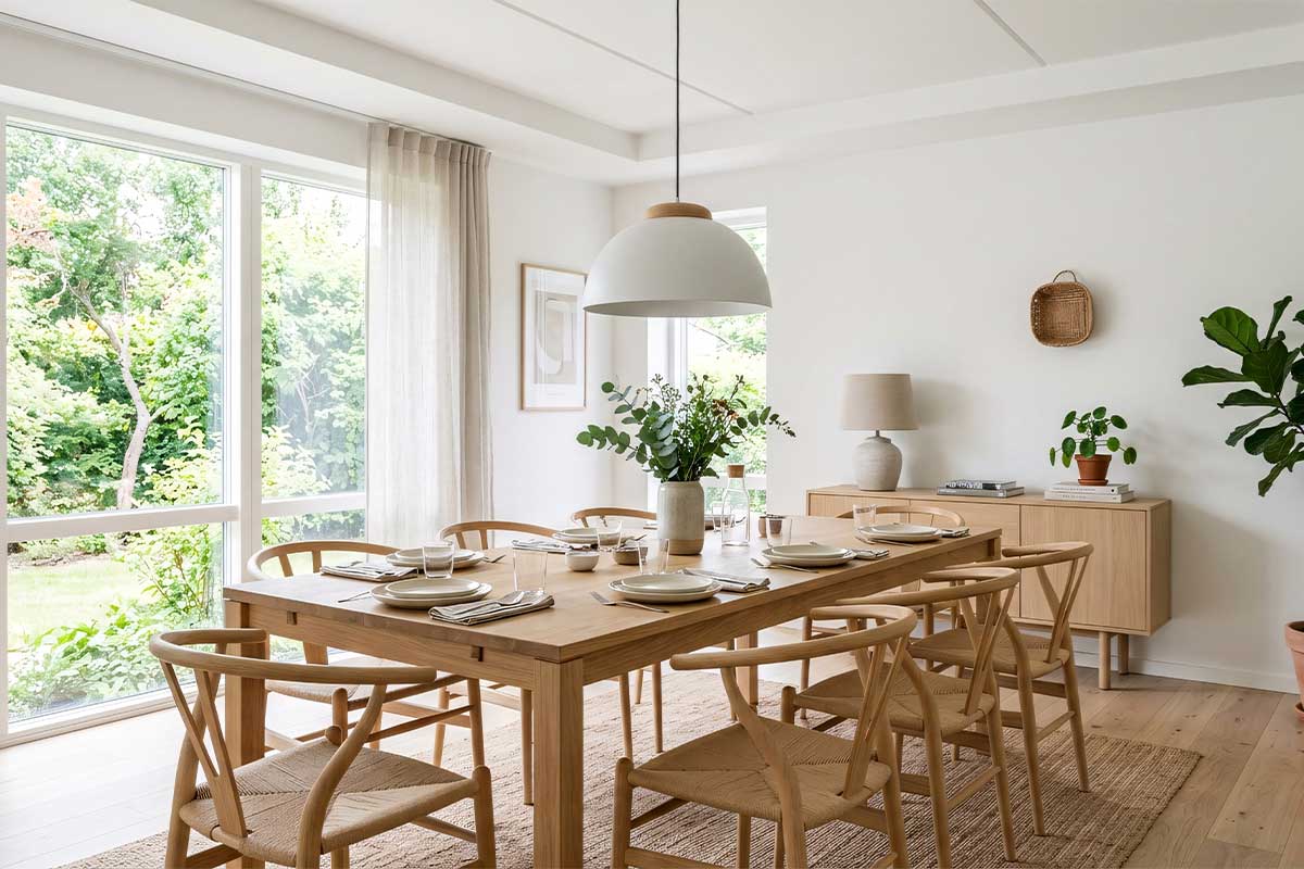 Modern light filled dining room with oak table and chairs. Woodflooring throughout and a sisal rug